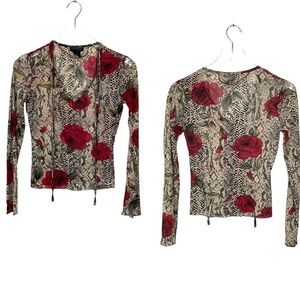 Express Sheer Top Red/Black/Ecru Rose Pattern Front Ties Size S